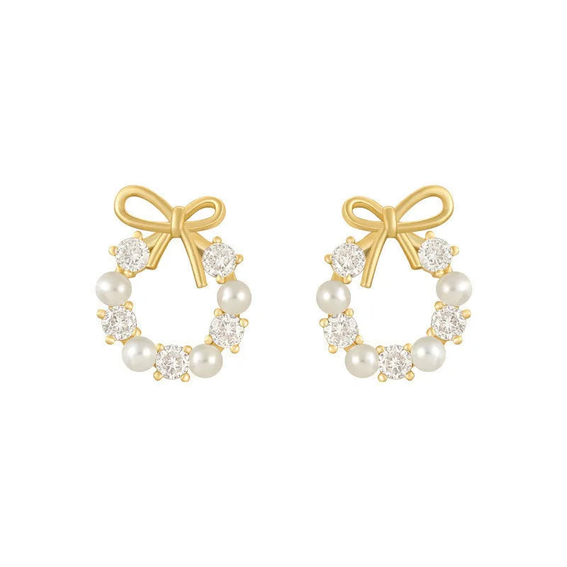 Fashion Lmitation Pearl Crystal Bow Stud Earring For Women Girl Fashion Cute Loreanearrings Party Trending Jewelry Wholesale