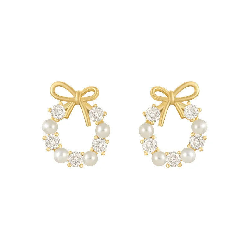 Fashion Lmitation Pearl Crystal Bow Stud Earring For Women Girl Fashion Cute Loreanearrings Party Trending Jewelry Wholesale